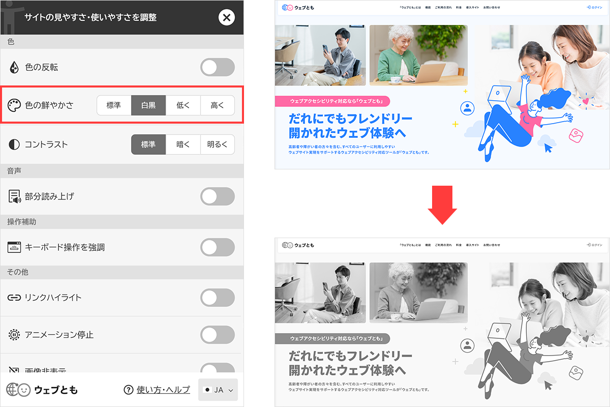 色の鮮やかさを白黒にした画面