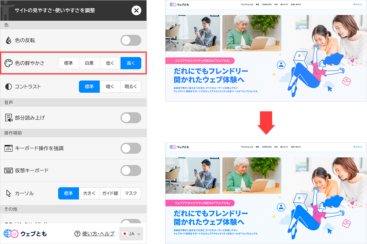 色の鮮やかさを高くした画面